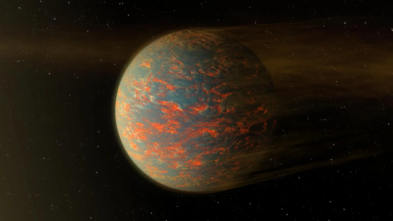 An artist’s illustration of 55 Cancri e: a scorched super-Earth with a glowing molten dayside facing its star.