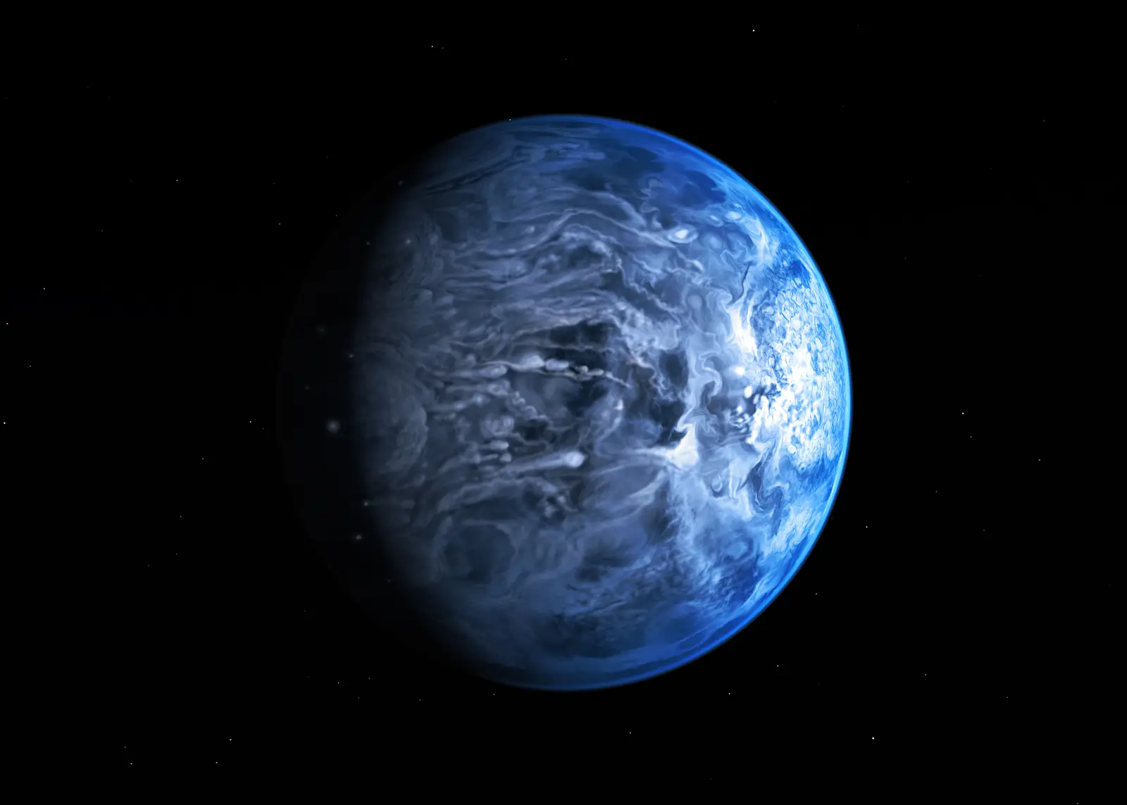 An artist’s impression of the deep cobalt-blue gas giant HD 189733b close to its orange star, its atmosphere streaked by ferocious winds.