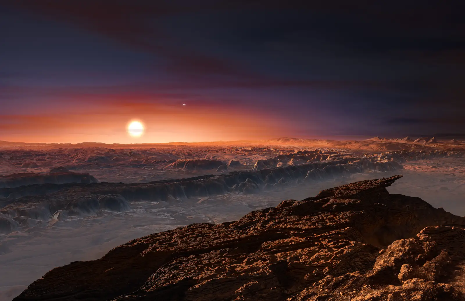 An artist’s view of the surface of Proxima b, a rocky world lit dull red by its dwarf star, with Alpha Centauri A and B as two bright points nearby.