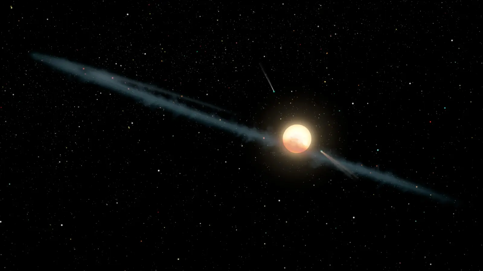 An artist’s illustration of an uneven ring of dust orbiting Tabby’s Star, partially veiling the star behind it.