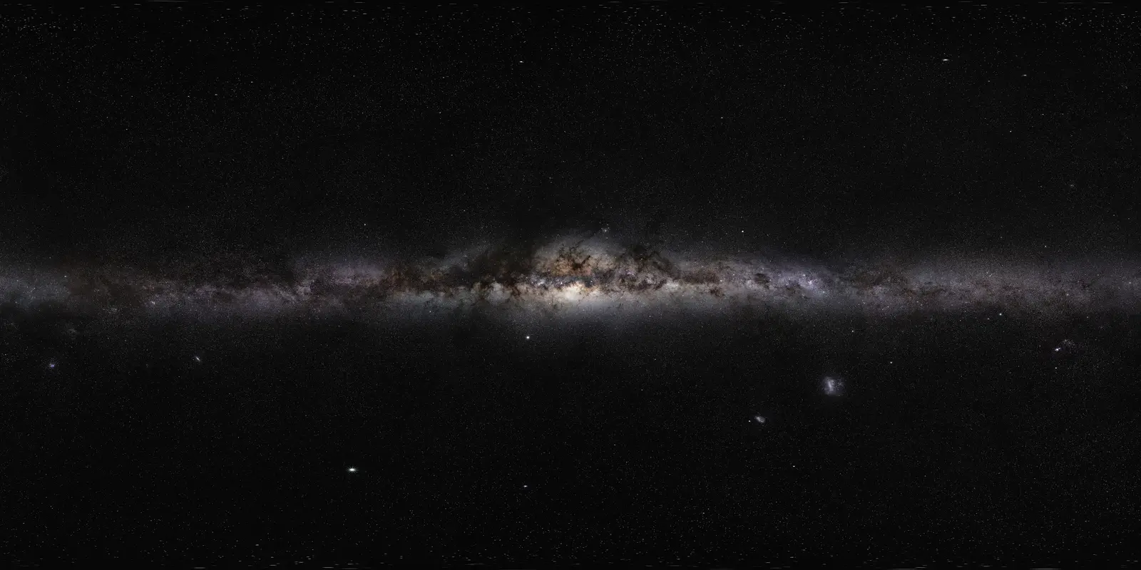 The complete 360-degree Milky Way panorama: the galactic disc stretched into a horizontal band of stars and dark dust across a black sky, thinning towards the top and bottom of the frame.