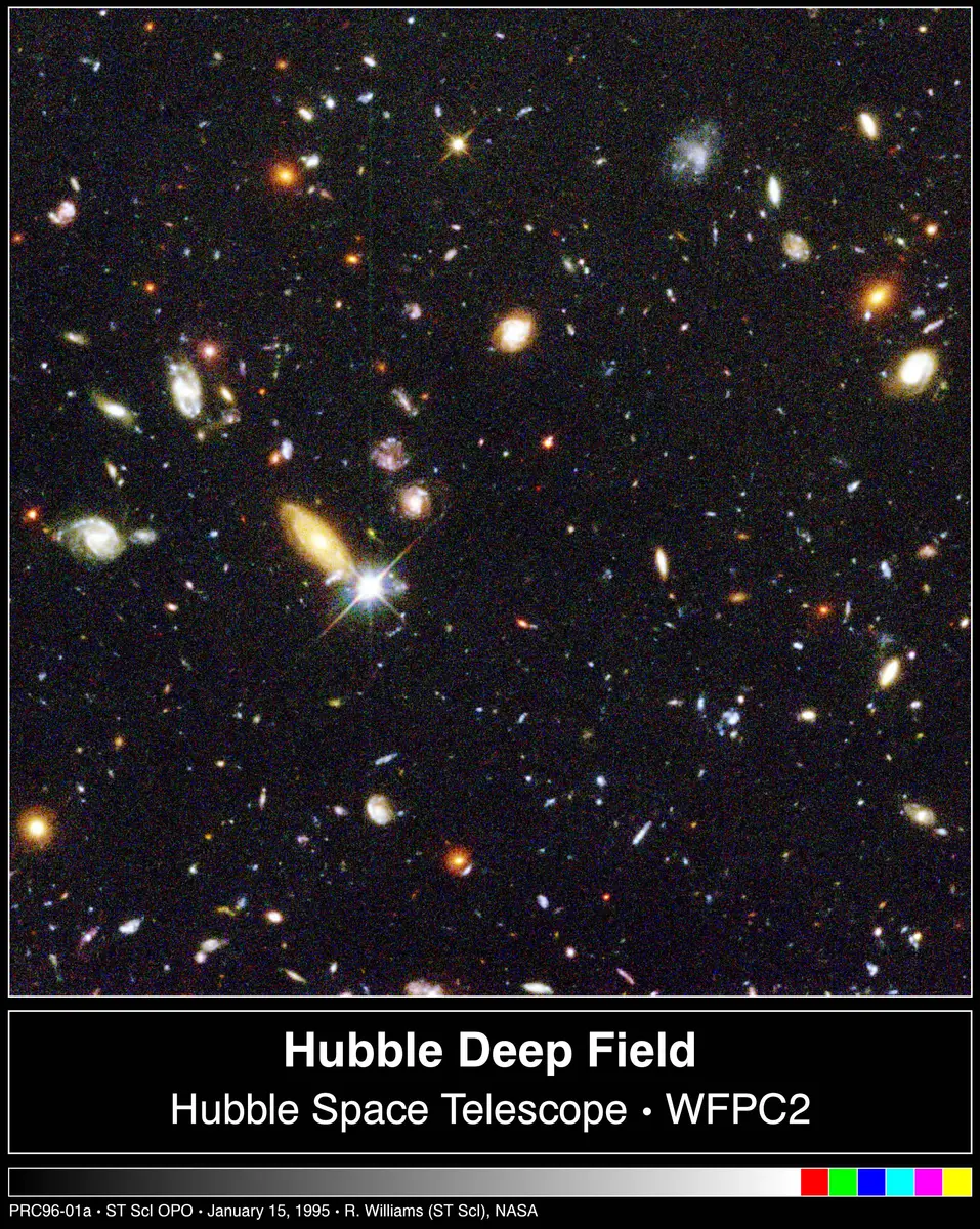 The original 1995 Hubble Deep Field: a small patch of apparently empty sky revealed to hold thousands of galaxies of every shape, size and colour.