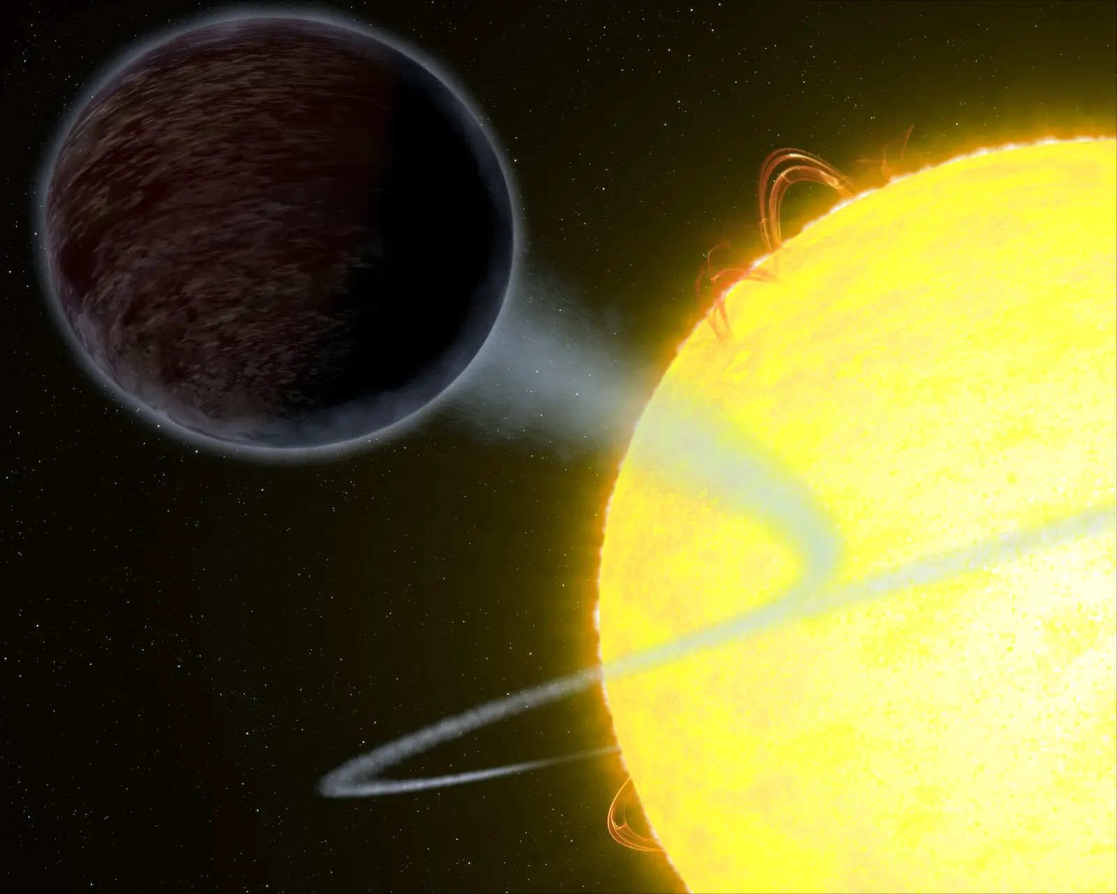 An artist’s impression of WASP-12b: a near-black, egg-shaped planet stretched by its star’s gravity, trailing a stream of stripped material.