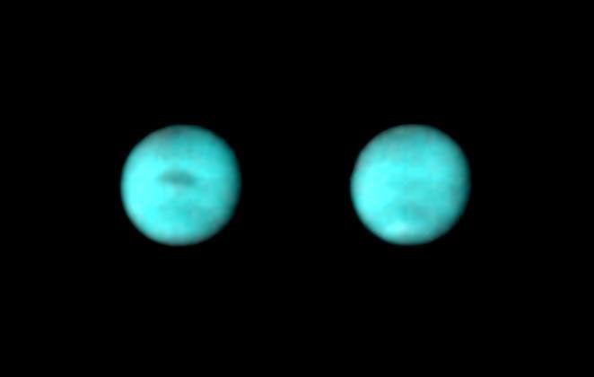 Two contrast-enhanced Voyager 2 views of Neptune.